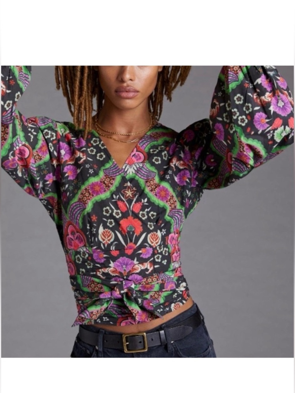 Conditions Apply Tie-Back Blouse in Black with Pink & Green Floral